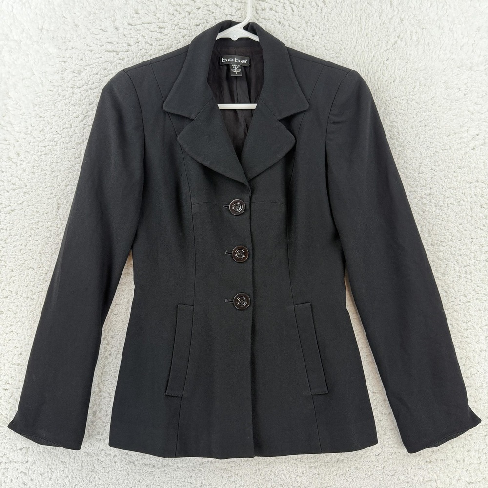 Bebe Blazer Womens 2 Black Three Button Notch Lapel Lined Tailored Jacket Career